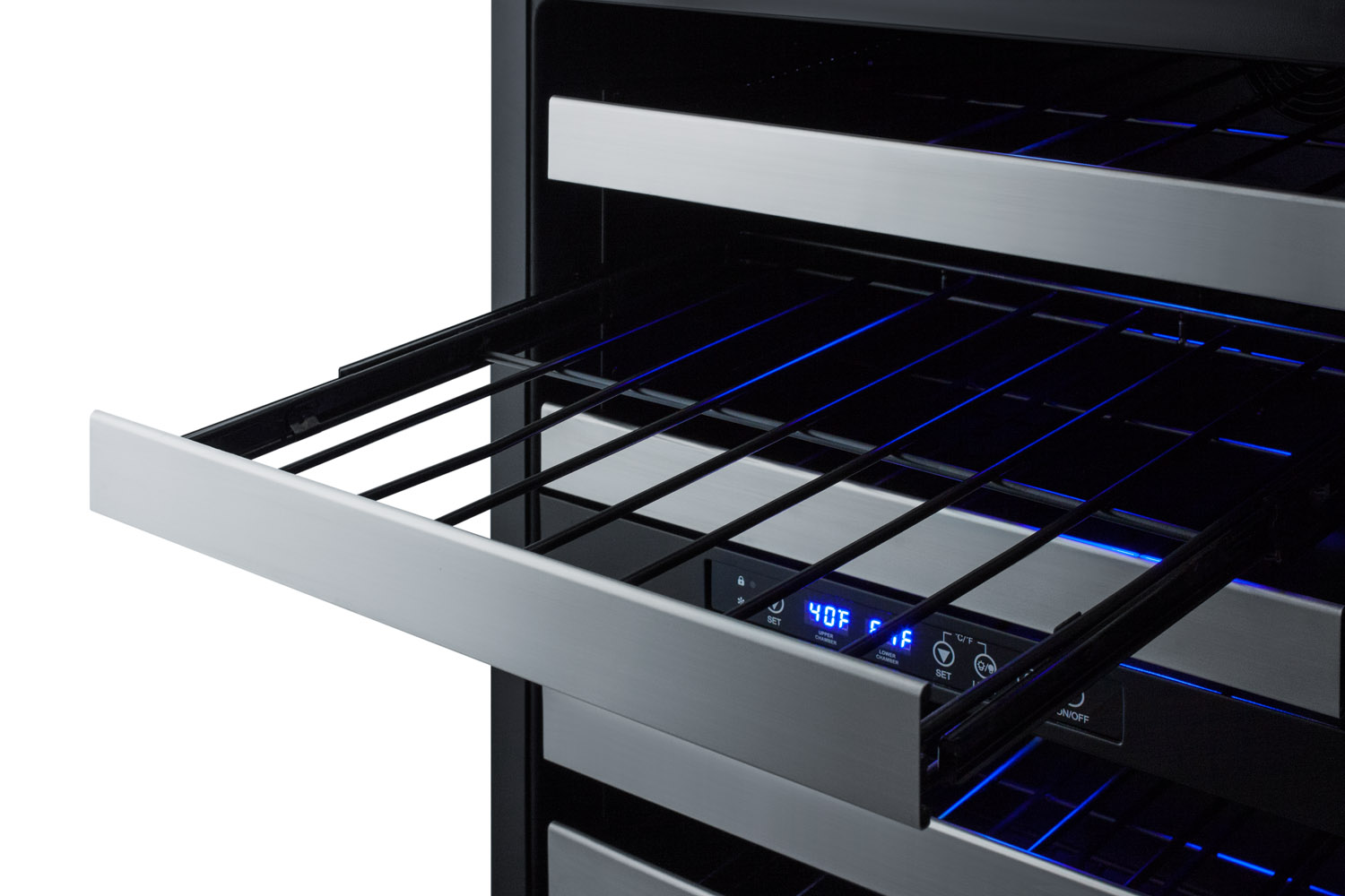 ADA compliant commercially approved dual zone built-in wine cellar designed for the display and refrigeration of up to 46 bottles, with digital thermostat, seamless stainless steel trimmed glass door, and black cabinet